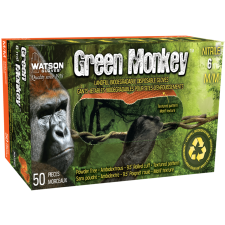 Watson Gloves Green Monkey, Disposable Gloves, 6 mil Palm , Biodegradable Nitrile, Powder-Free, 50 PK, Orange 5557PF-L